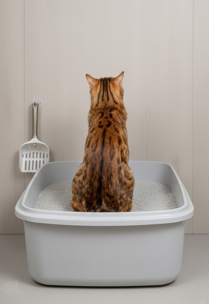 Bengal-Katze sitzt in einer Katzentoilette mit Streu