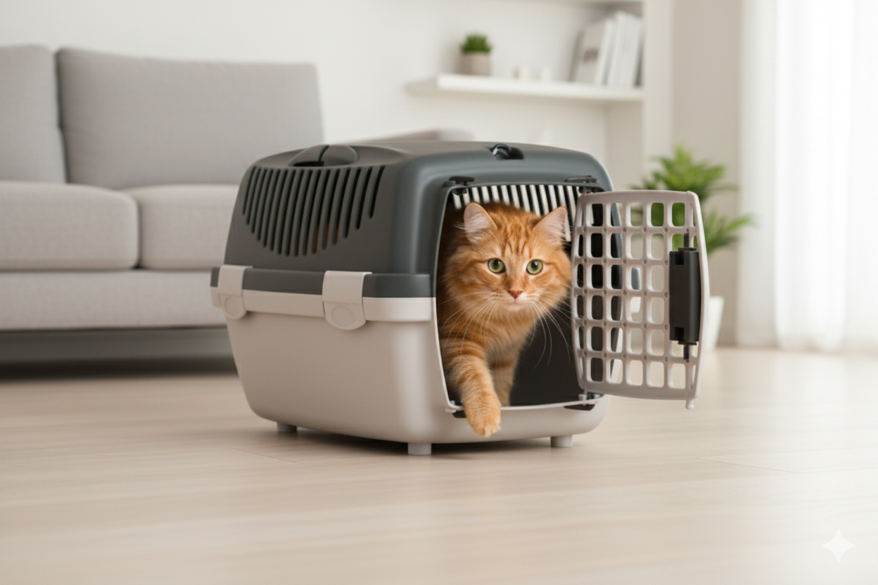 Orangene Katze sitzt in Transportbox im Wohnzimmer