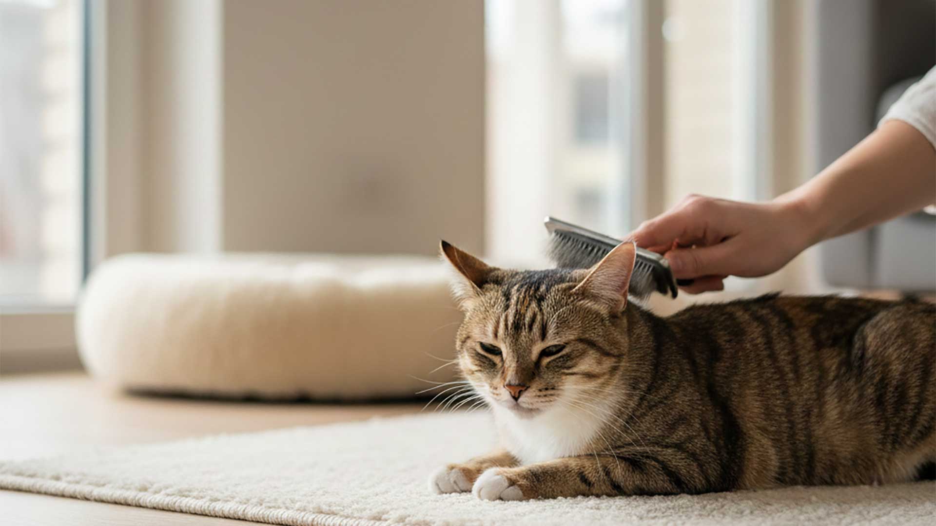 Entspannte Hauskatze wird sanft gebürstet – Fellpflege als wichtiger Teil der Katzengesundheit
